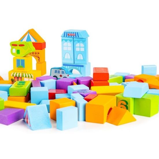 Ecotoys sada dřevěných kostek v kyblíku 100 ks v Městečko