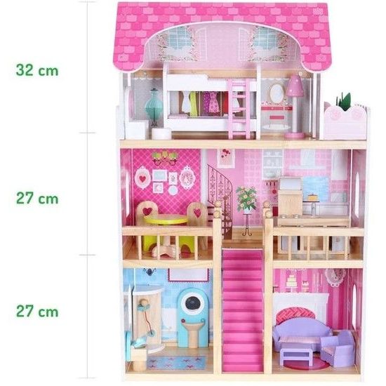 Ecotoys dřevěný dvoupatrový domeček pro panenky Malinová Nová + 2 panenky