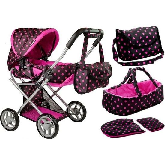 Kočárek pro panenky Alice s příslušenstvím-černý s růžovými puntíky