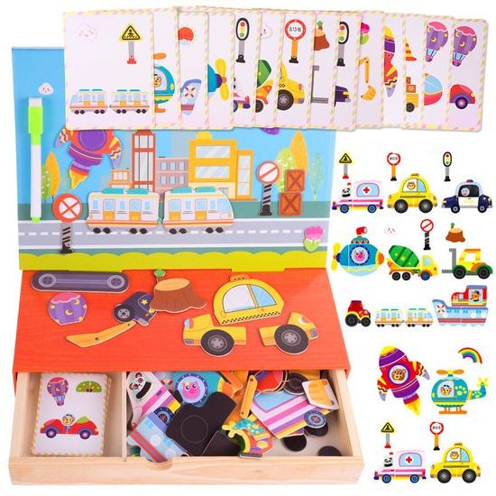 Dřevěná magnetická ukládačka Dopravní prostředky - 94 kusů