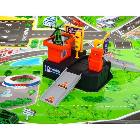 Parkovacia garáž s autíčkom, helikoptérou a hracou podložkou Racing Garage