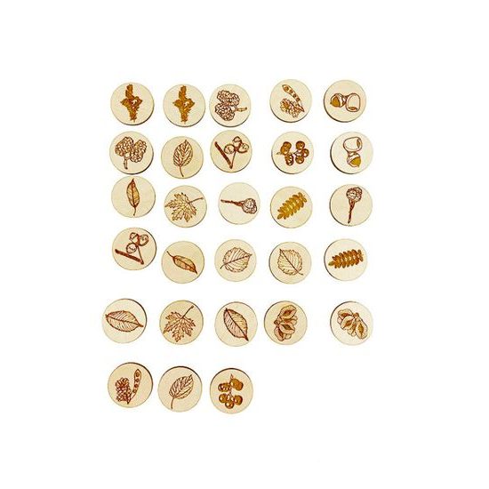 Pexeso listy a plody 3 - dřevěná paměťová sada v pytlíku (14 párů)