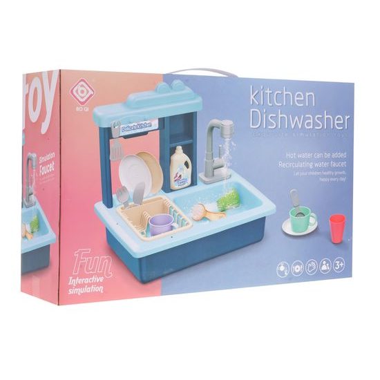 Dětský dřez s tekoucí vodou a nádobím - modrý