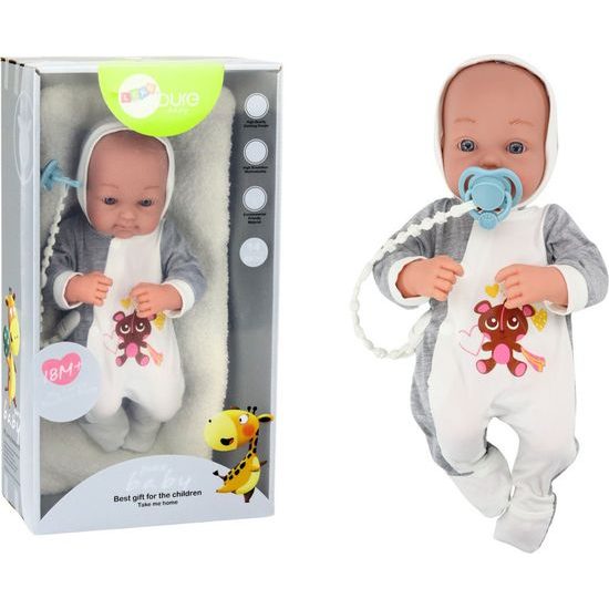 Panenka miminko v šedo-bílém body s dudlíkem a dekou