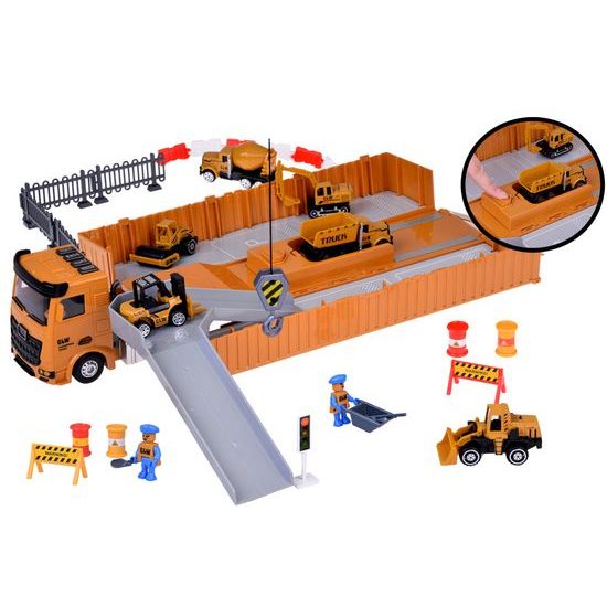 Rozkládací nákladní auto s jeřábem, autíčky a příslušenstvím