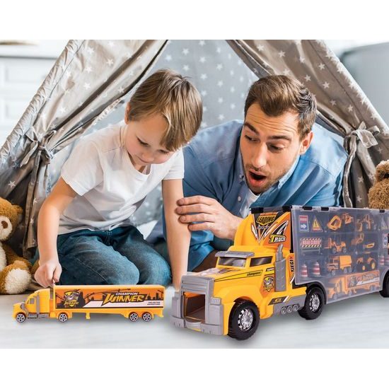 Nákladní auto se 6 stavebními stroji, kamiónem a skluzavkou Yellow Truck