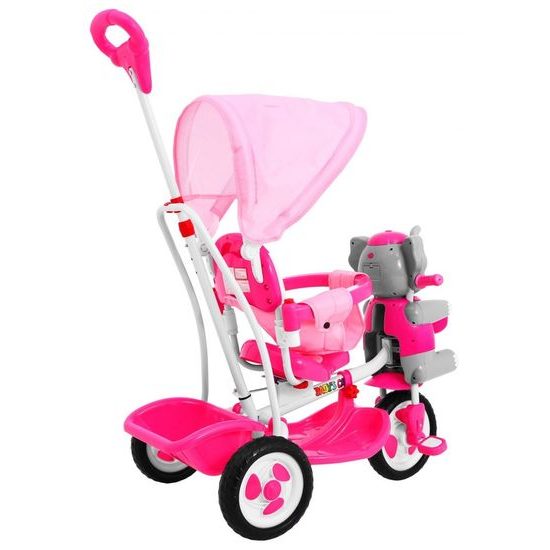 Dětská tříkolka s vodící tyčí Slon růžový