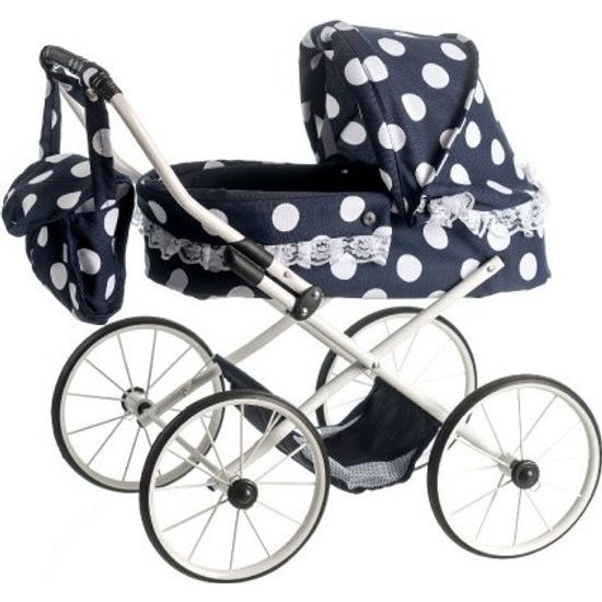 Kočárek pro panenky malý Ewa RETRO - černý s puntíky s krajkou
