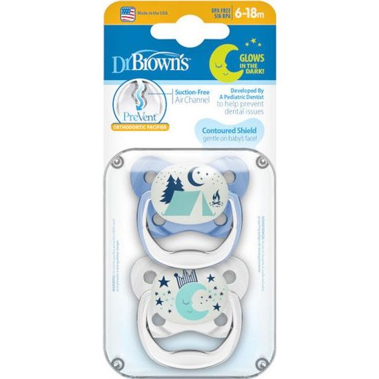 Dr Brown's Ortodontický dudlík Prevent svítící, 2ks, 6-18m, modrý