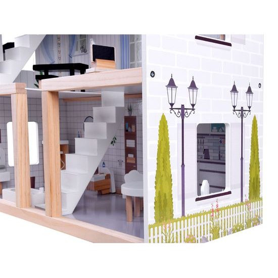 Dřevěný domeček pro panenky s LED osvětlením rezidence Boho