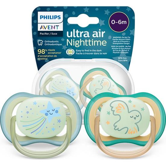 Dětský dudlík 0-6m Phillips Avent air night - zelená 2ks