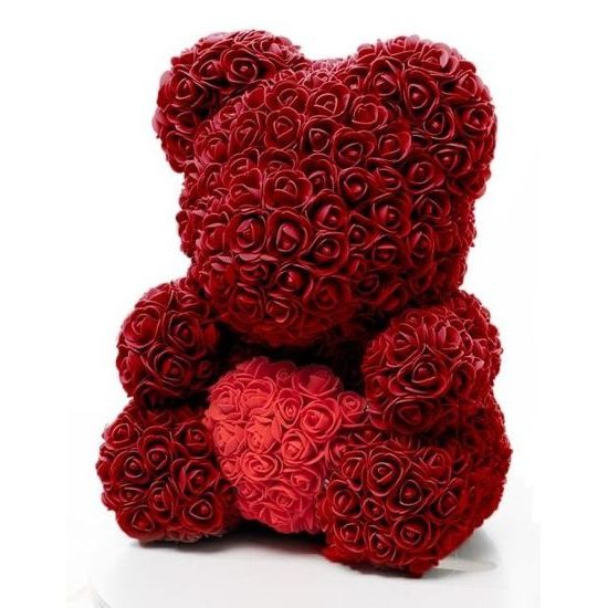 Medvídek z růží bordo s červeným srdcem Rose Bear 40 cm