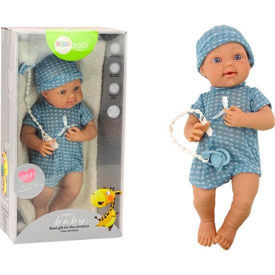 Panenka miminko v modrém oblečení s dudlíkem a dekou