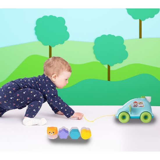 Edukační vkládací kostka - tahací Autíčko modré