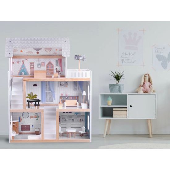 Dřevěný domeček pro panenky s LED osvětlením rezidence Boho