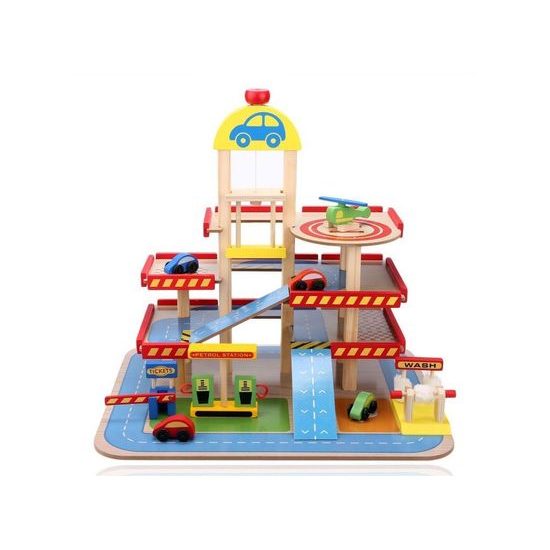 Ecotoys dřevěná garáž s výtahem, autíčky a helikoptérou