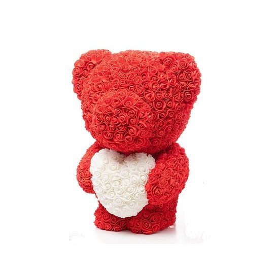Medvídek z růží červený s bílým srdcem Rose Bear 60 cm