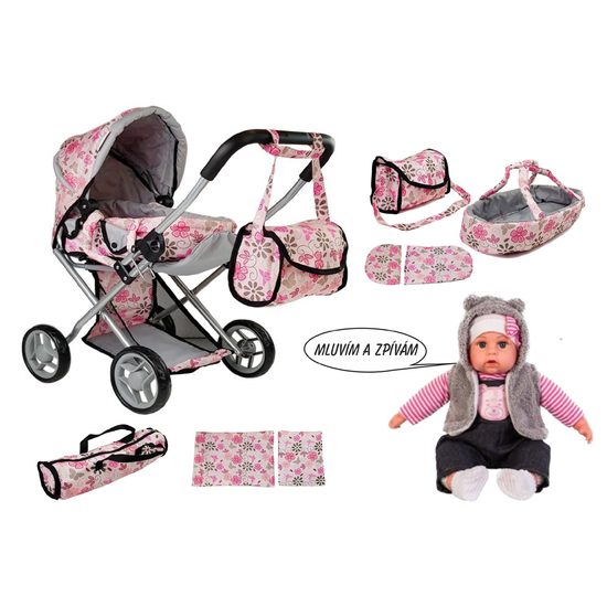 Alice kočárek pro panenky světle růžový s kytičkami 9346D + panenka