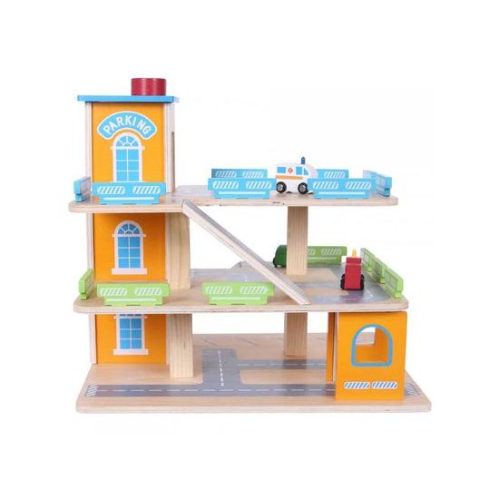 Ecotoys dřevěná patrová garáž s výtahem a autíčky