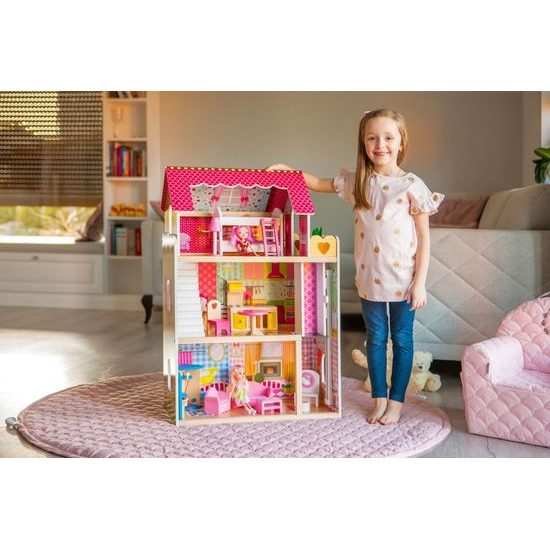 Ecotoys dřevěný domeček pro panenky Malinová s výtahem + 2 panenky