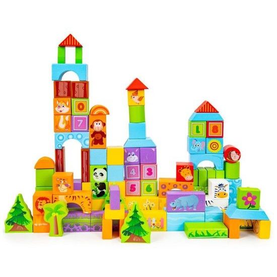 Ecotoys sada dřevěných kostek v kyblíku 100 ks v Zvířátka