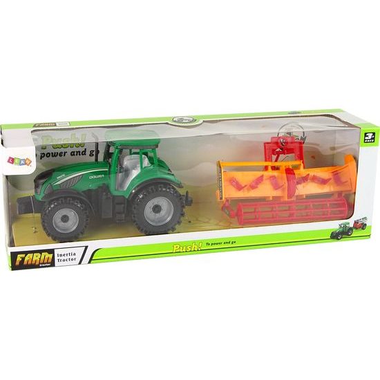 Zelený traktor s oranžovým kultivátorem pro děti