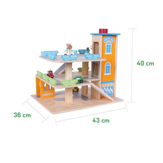 Ecotoys dřevěná patrová garáž s výtahem a autíčky