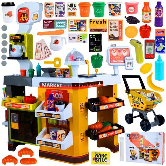 Dětský obchod Supermarket s lednicí a nákupním košíkem 65 součástí
