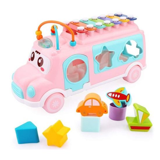 Interaktivní hrající autíčko s cimbálkami Happy Bus růžové