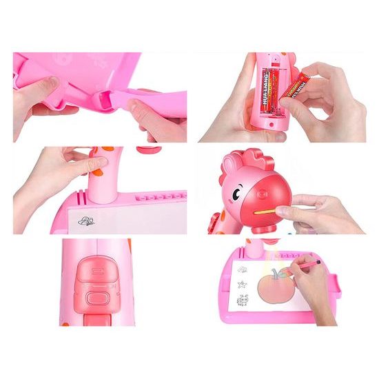 Projektor s kreslící tabulkou a 24 šablonami Žirafa - růžový