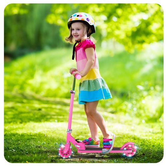 Dětská skládací koloběžka s hliníkovým rámem a svítícími koly - růžová