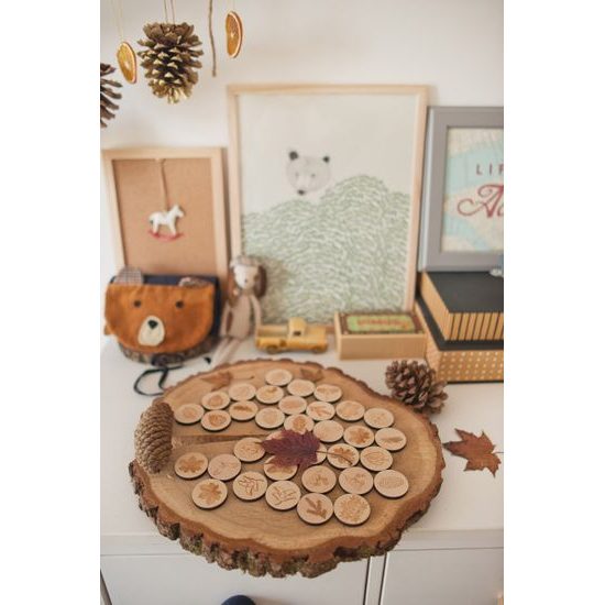 Pexeso listy a plody 3 - dřevěná paměťová sada v pytlíku (14 párů)