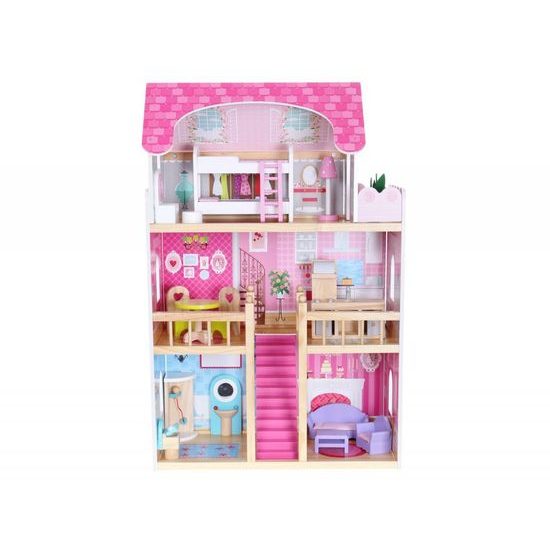 Ecotoys dřevěný dvoupatrový domeček pro panenky Malinová Nová + 2 panenky