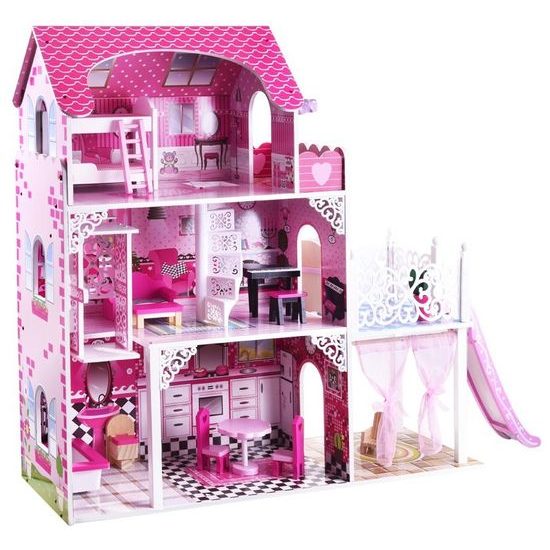 Ecotoys dřevěný XXL domeček pro panenky se skluzavkou rezidence Jersey