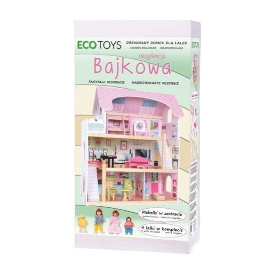 Ecotoys dřevěný dvoupatrový domeček pro panenky Pohádka + 4 panenky