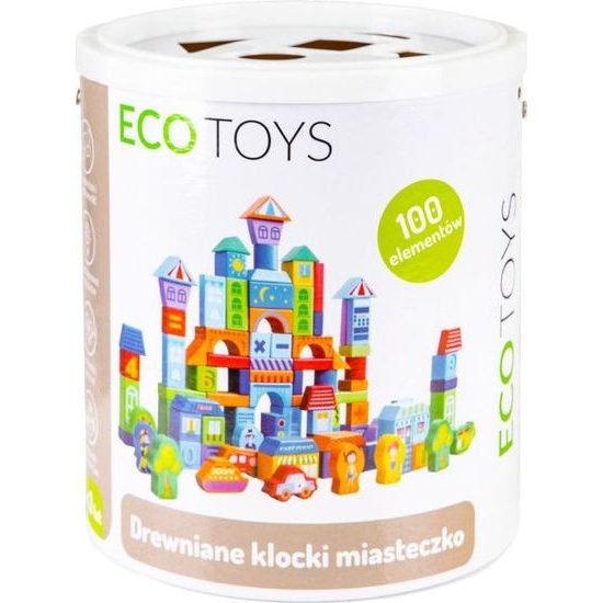 Ecotoys sada dřevěných kostek v kyblíku 100 ks v Městečko