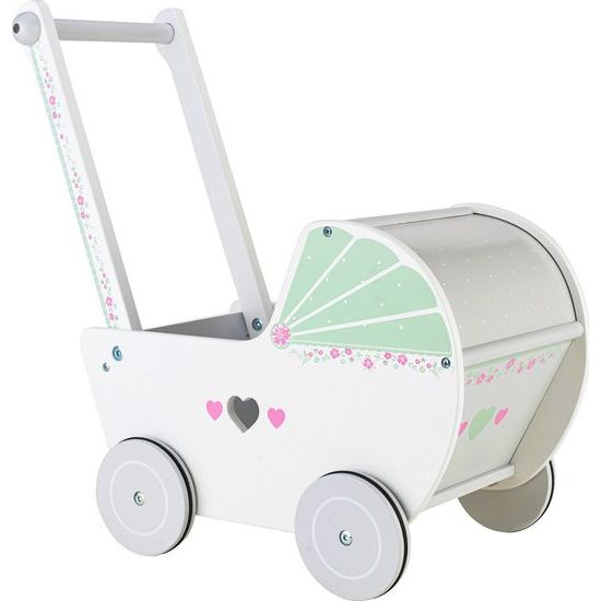 ROZBALENO Ecotoys dětské dřevěné chodítko kočárek se srdíčky bílý