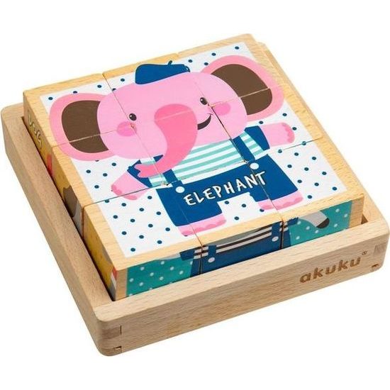 Skládací edukační dřevěné kostky v krabičce Akuku ZOO 9 ks