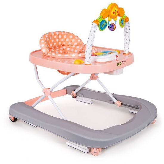 Ecotoys dětské chodítko s hračkami a melodiemi Lvíček šedo-růžové