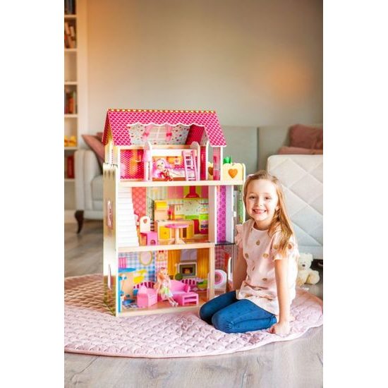 Ecotoys dřevěný domeček pro panenky Malinová s výtahem + 2 panenky