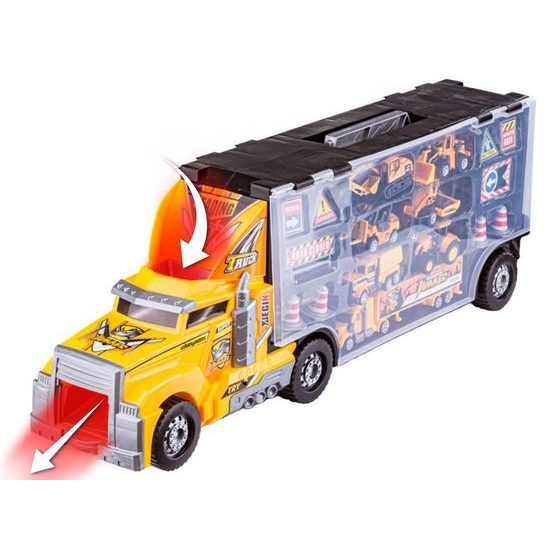 Nákladní auto se 6 stavebními stroji, kamiónem a skluzavkou Yellow Truck