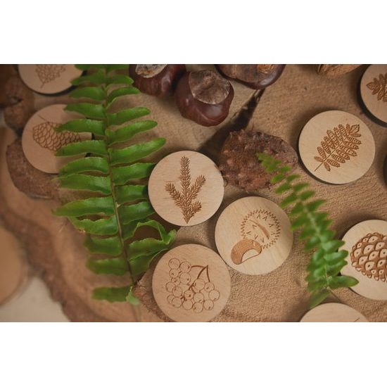 Pexeso listy a plody 3 - dřevěná paměťová sada v pytlíku (14 párů)