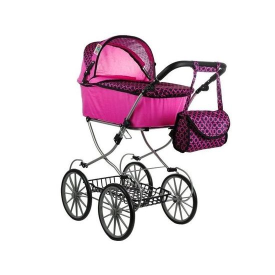 Kočárek pro panenky Alice Retro růžovo-černý vzor