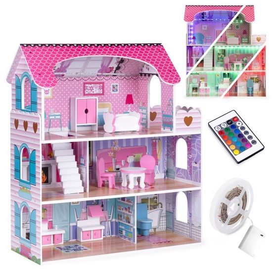 Ecotoys dřevěný domeček pro panenky s LED barevným osvětlením Tennessee