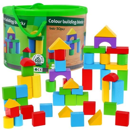 Majlo Toys sada dřevěných kostek 50 ks v kyblíku Building Blocks
