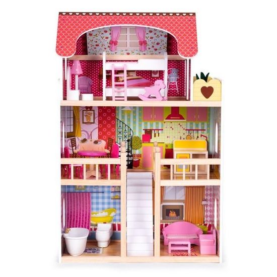 Ecotoys dřevěný dvoupatrový domeček pro panenky Malinová + 2 panenky