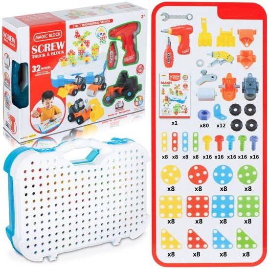 Konstrukční 3D stavebnice s vrtačkou na baterie a autíčky Magic Panel 325 ks