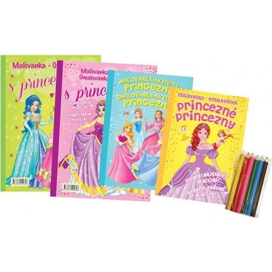 Omalovánky+aktivity/Maľovanky+aktivity Princezny/princezné +pastelky CZ+SK verze - mix 4 druhy
