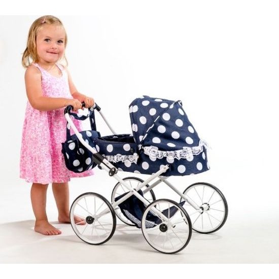 Kočárek pro panenky malý Ewa RETRO - černý s puntíky s krajkou
