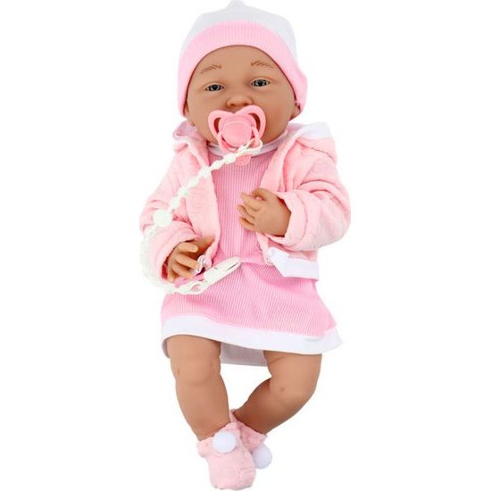 Panenka s dudlíkem v růžových šatičkách a kabátku, 35 cm